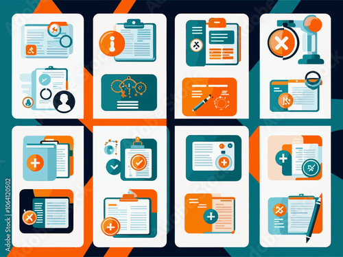 Clinical study icon collection set. Containing adverse event, baseline, double blind, blinding, case report form, endpoint, clinical trial icon. Simple flat vector illustration.