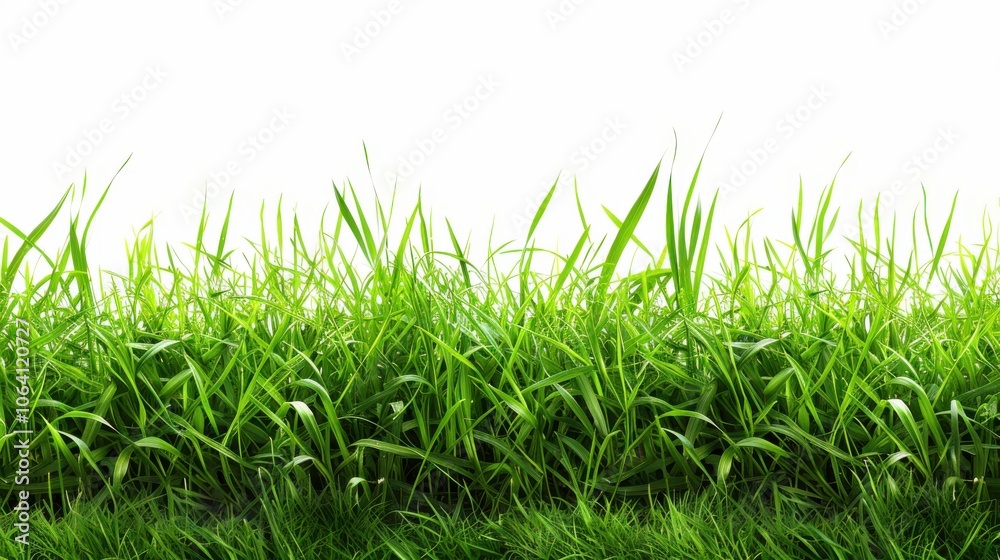 Green grassland, isolated on white, with dew drops on the blades. A fresh and calming nature scene Green grassland, isolated on white, with dew drops on the blades. A fresh and calming nature scene