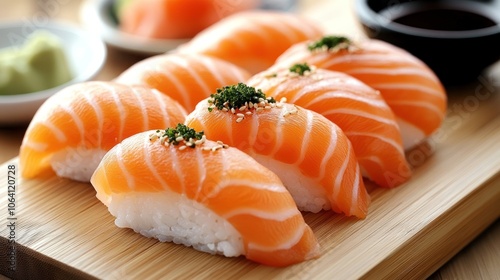 Closeup of salmon nigiri sushi on a wooden board. photo