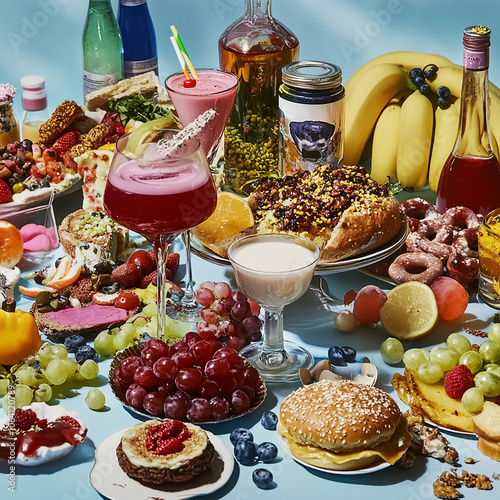 a table set with various trendy dietary products (for example, superfoods, diet books, cocktails, etc.), surrounded by unhealthy food, which symbolizes the choice between real and superficial solution