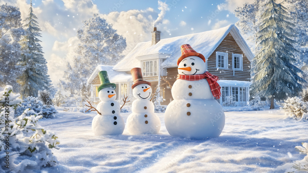 Obraz premium Friends building a snowman in front of a house smiling 