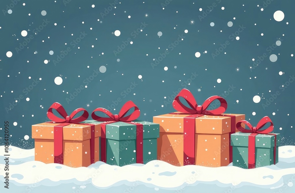 Gift boxes in the snow against the backdrop of falling snow. Flat cartoon illustration. Gift boxes in the snow against the backdrop of falling snow. Flat cartoon illustration.