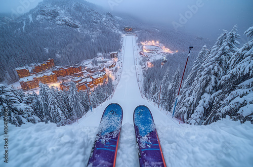 A skier standing at the edge of a snowy ski jump