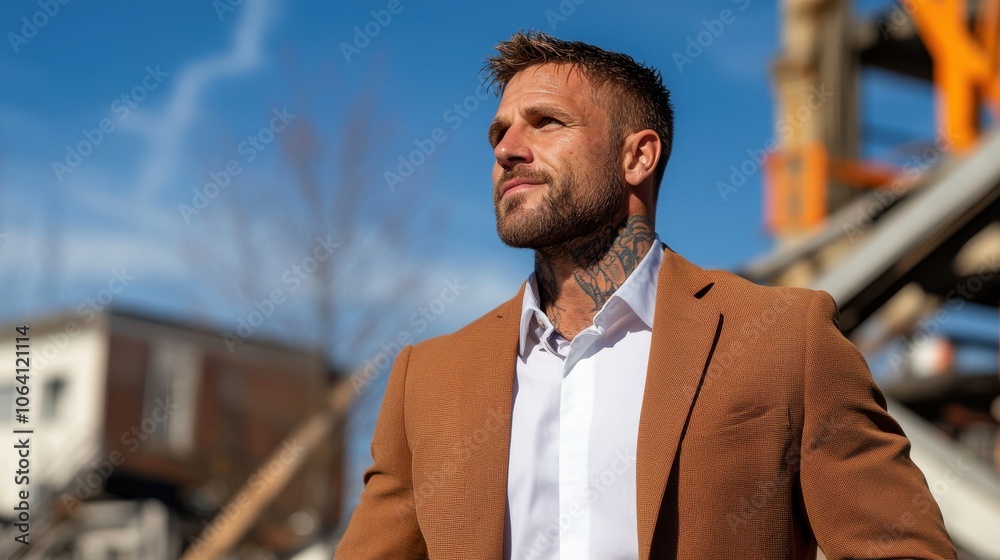Naklejka premium A tattooed man in a brown jacket looks thoughtfully at the surrounding skyline, conveying a sense of introspection, thoughtfulness, and urban exploration.