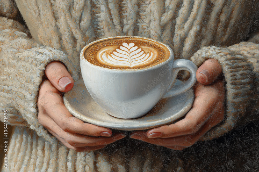 Warm hands cradle a latte art adorned cup during a cozy afternoon in a rustic cafe. Generative AI Warm hands cradle a latte art adorned cup during a cozy afternoon in a rustic cafe. Generative AI
