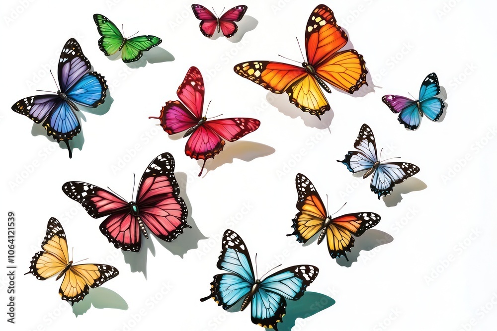 Brightly colored spring butterflies in flight, detailed illustration Brightly colored spring butterflies in flight, detailed illustration