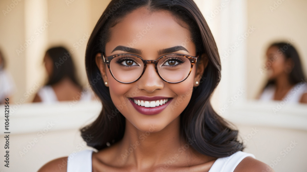 a stunning, confident young woman with a warm, radiant smile, wearing trendy, rounded glasses perched on the bridge of her nose, her bright, expressive eyes sparkling with joy as she gazes directly at