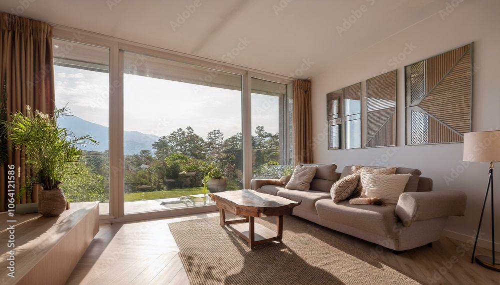 Fototapeta premium Home living room interior with couch and decoration, panoramic window