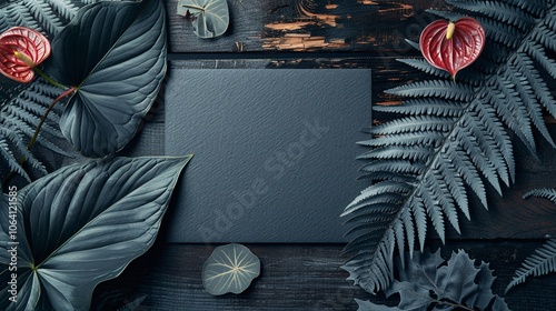 dark leaves with blank card, anthurium flowers, moody and elegant floral arrangement, rustic background, unique botanical decor, modern minimalist design

