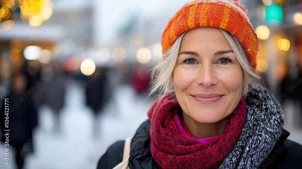 A joyful woman wearing a bright orange beanie smiles warmly in a bustling city street, surrounded by winter decorations and a vibrant, lively crowd. A joyful woman wearing a bright orange beanie smiles warmly in a bustling city street, surrounded by winter decorations and a vibrant, lively crowd.