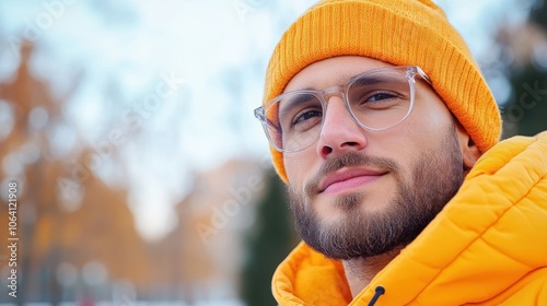 A man wearing glasses, an orange jacket, and an orange knit hat is pictured against a clear sky, personifying clarity and modern style in vibrant tones. photo