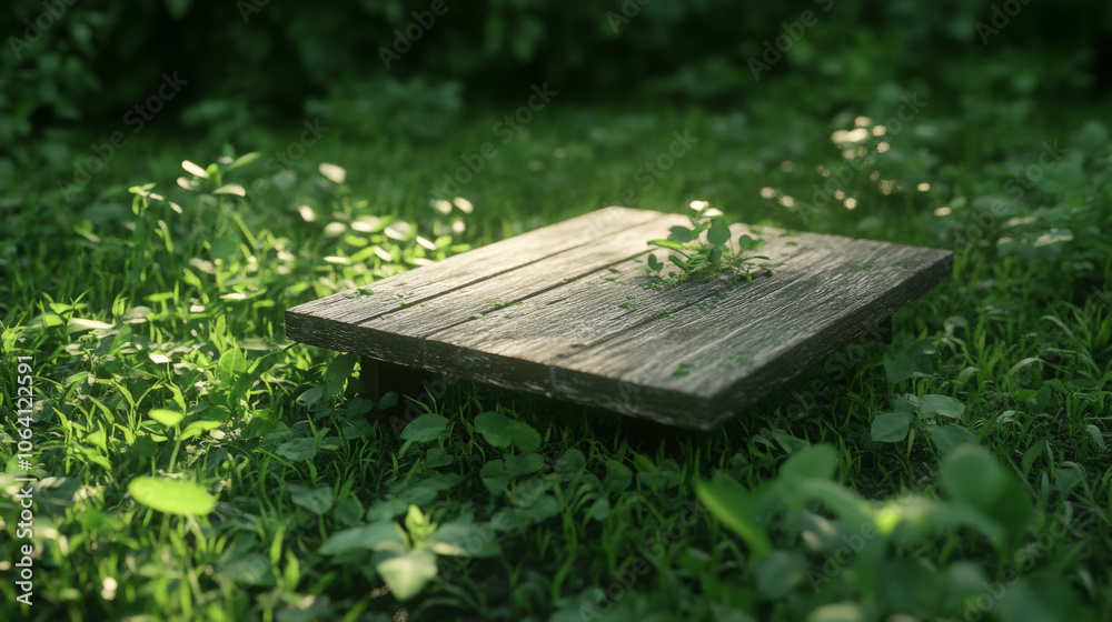 Naklejka premium weathered wooden platform surrounded by lush green grass and small plants, evoking sense of tranquility and nature reclaiming of space