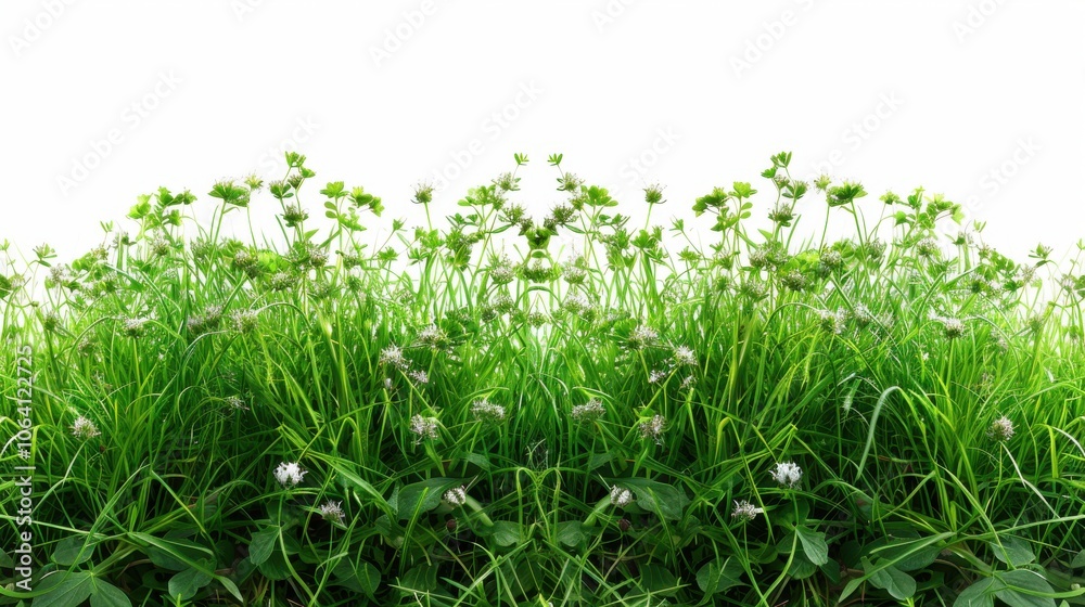 Green grassland, isolated on white, with dew drops on the blades. A fresh and calming nature scene Green grassland, isolated on white, with dew drops on the blades. A fresh and calming nature scene