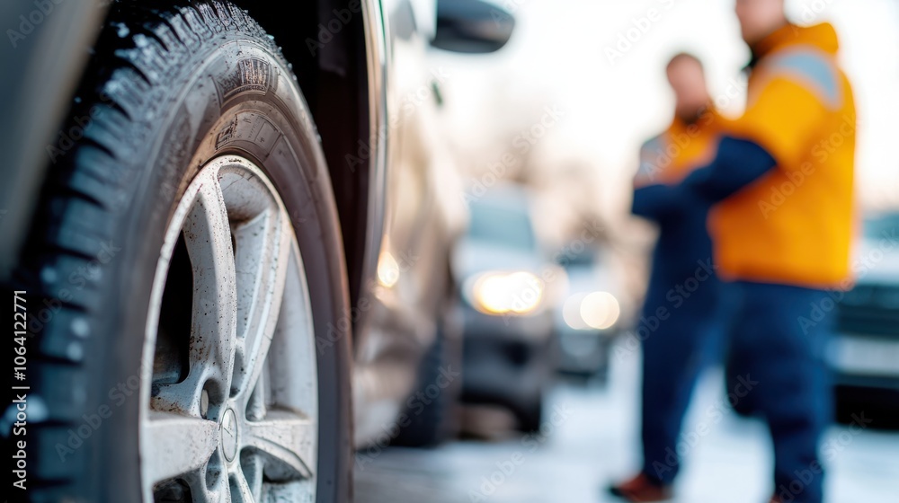 A black car tire, partially treaded, receives attention with two workers in colorful attire in the background, indicating precise teamwork in icy conditions.