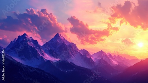 Majestic mountain range silhouetted against a vibrant sunset sky.