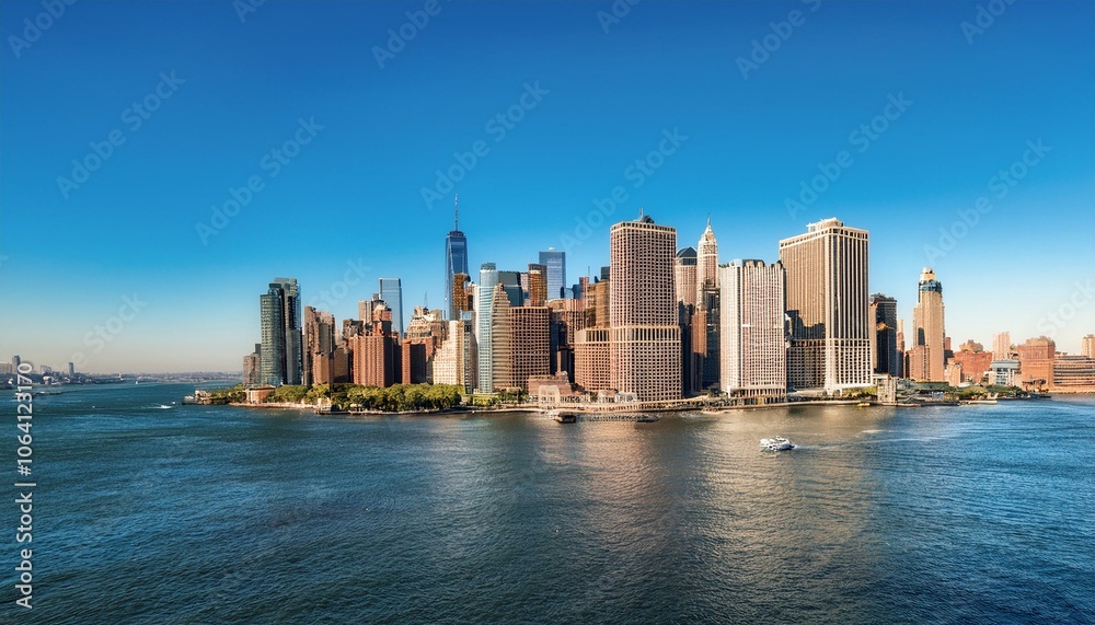 Manhattan skyline featuring iconic skyscrapers and waterfront on a clear day. Manhattan skyline featuring iconic skyscrapers and waterfront on a clear day.