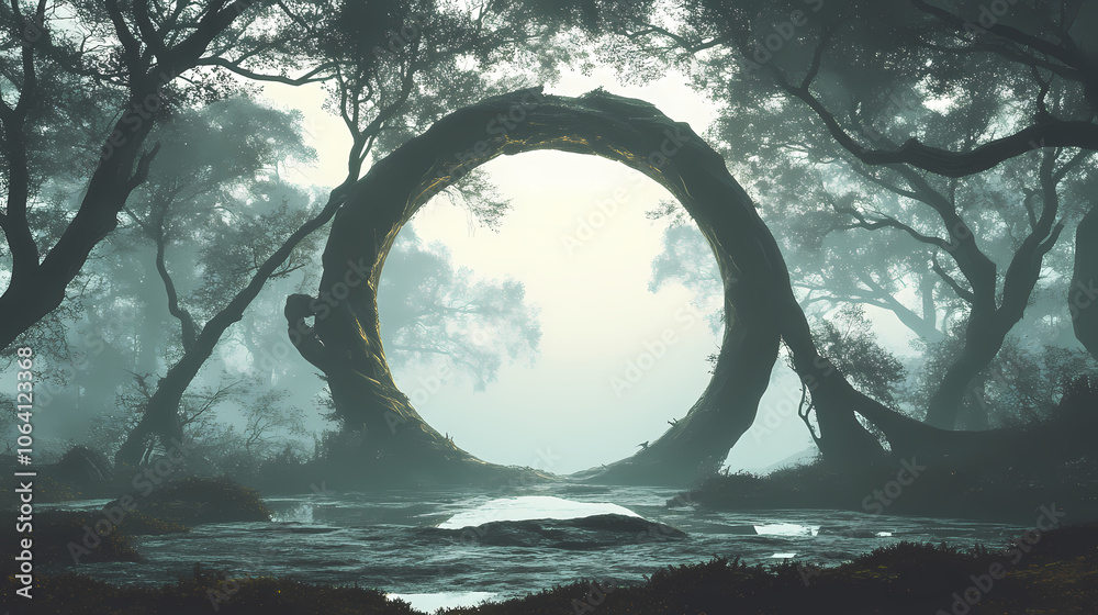 Fototapeta premium An ethereal circular gateway framed by twisted, ancient trees emerges from the misty twilight of a mystical forest realm. Mystical. Illustration