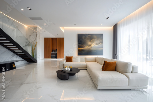 Elegant and Natural Modern Living Room: Luxurious Interior Photography Showcasing Contemporary Design with Organic Accents