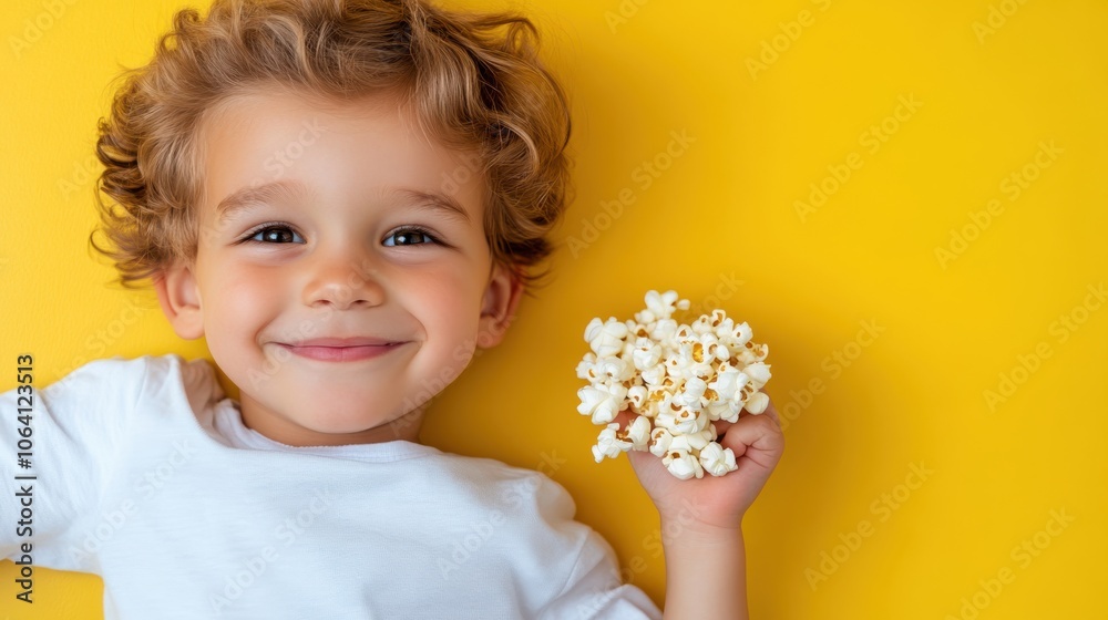 A smiling young child with curly hair, clutching a handful of popcorn, lies contentedly against a bright yellow background, embodying joy and carefree childhood bliss. A smiling young child with curly hair, clutching a handful of popcorn, lies contentedly against a bright yellow background, embodying joy and carefree childhood bliss.