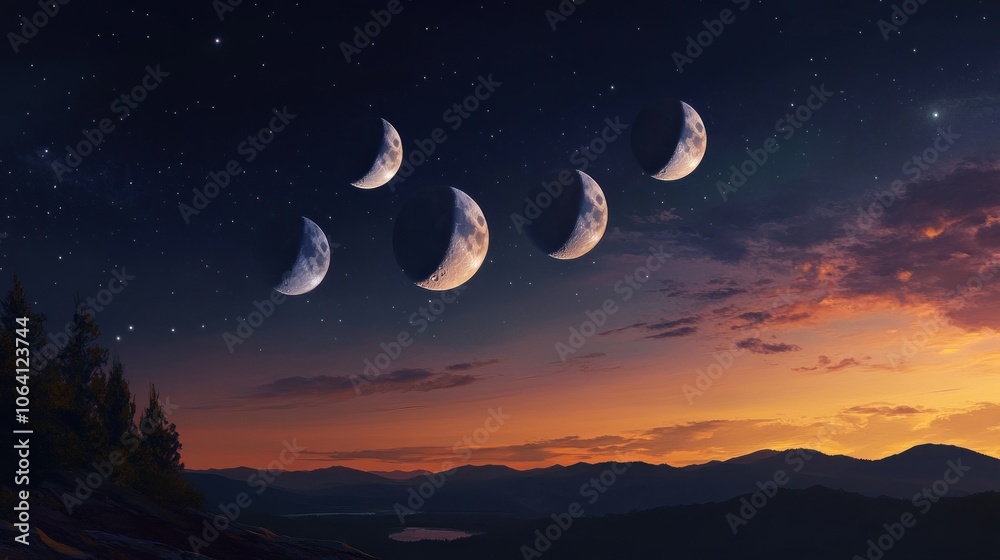 Five phases of the moon in the night sky over a mountain range.