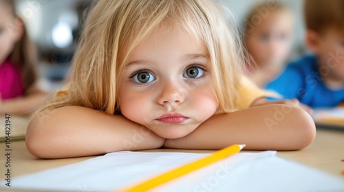 A young child with wide eyes leans on a classroom desk, resting her head on paper with a yellow pencil, appearing deep in thought during a lesson.