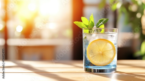 This cool, icy blue cocktail features a lemon slice and mint leaves, basking in the warm sunlight, offering a refreshing and tranquil outdoor experience. photo