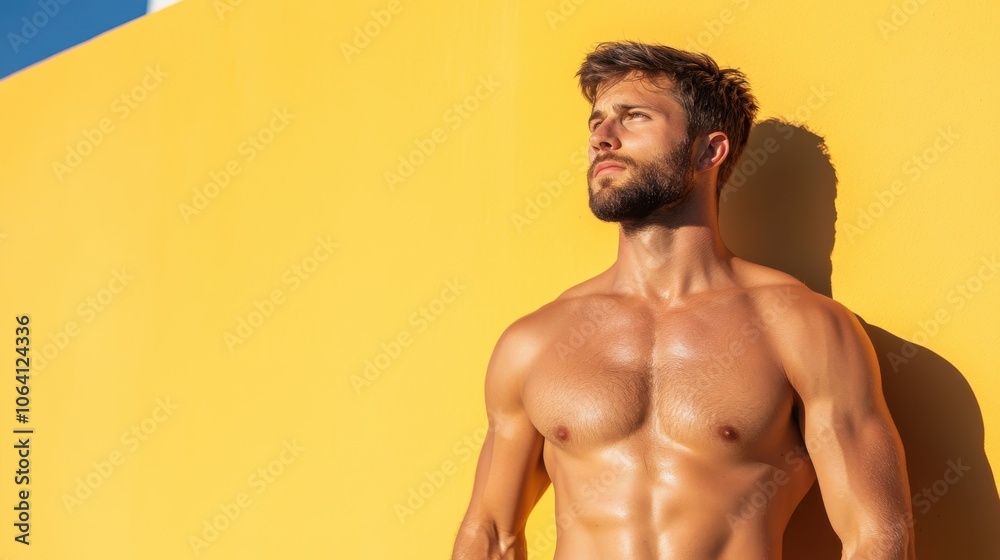 Fototapeta premium Embodying confidence and strength, a man basks in sunlight against a yellow wall, casting a profound shadow that enhances the image's dynamic contrast.
