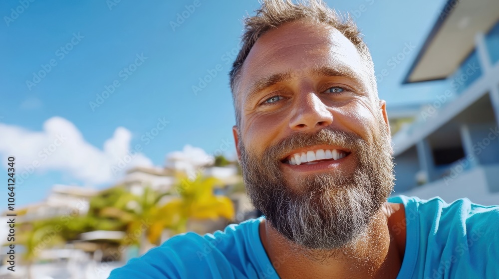 A bearded man in a blue shirt smiles brightly against a tropical beach backdrop, conveying happiness and wanderlust amidst clear skies and sunny weather. A bearded man in a blue shirt smiles brightly against a tropical beach backdrop, conveying happiness and wanderlust amidst clear skies and sunny weather.