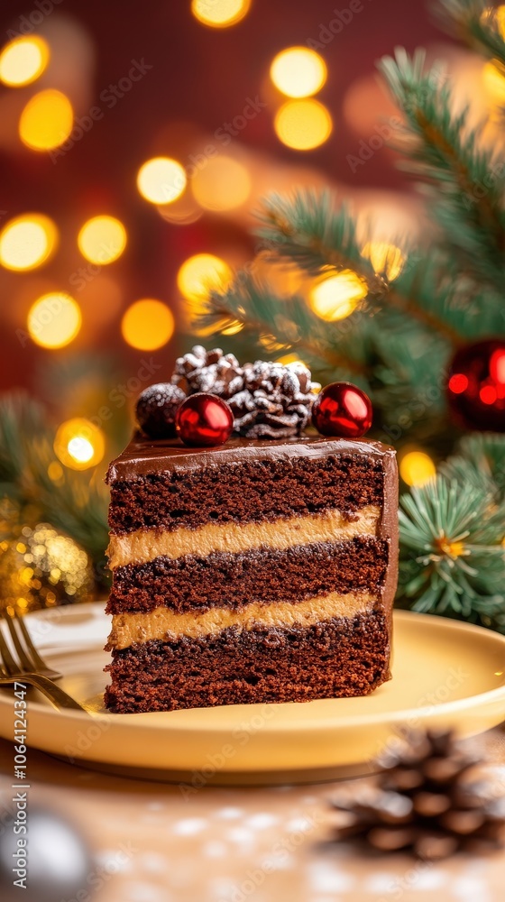 three layer slice of chocolate cake on a light yellow plate christmas holiday scene three layer slice of chocolate cake on a light yellow plate christmas holiday scene
