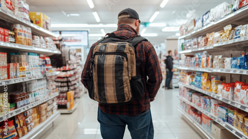 man with backpack shopping in grocery store aisle filled with products. scene captures casual shopping experience