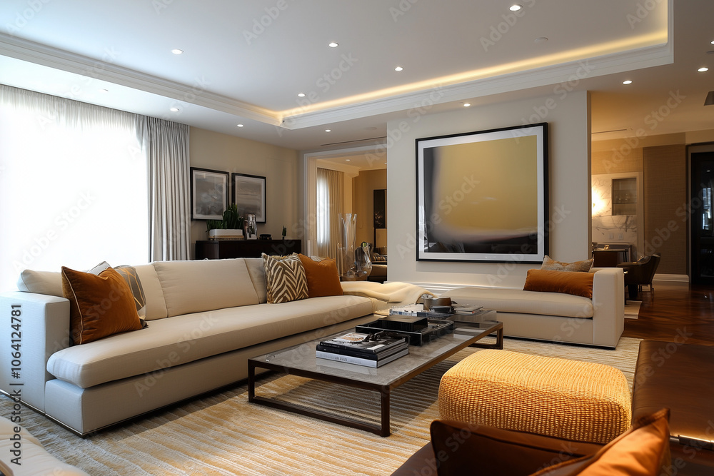 Fototapeta premium Elegant and Natural Modern Living Room: Luxurious Interior Photography Showcasing Contemporary Design with Organic Accents