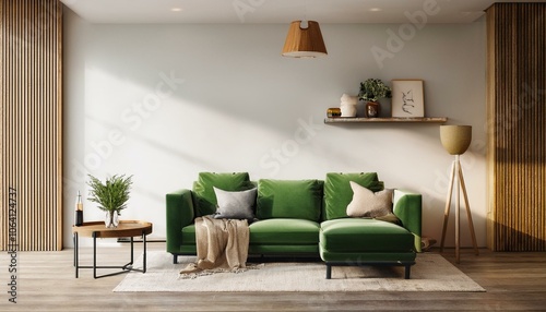 Modern living room with green sofa and wooden accents. 3D Rendering