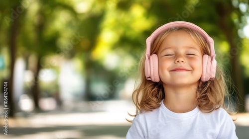 A serene young girl, eyes closed, wearing pink headphones and a white tee, enjoying a peaceful moment on a sunny day among lush green trees.