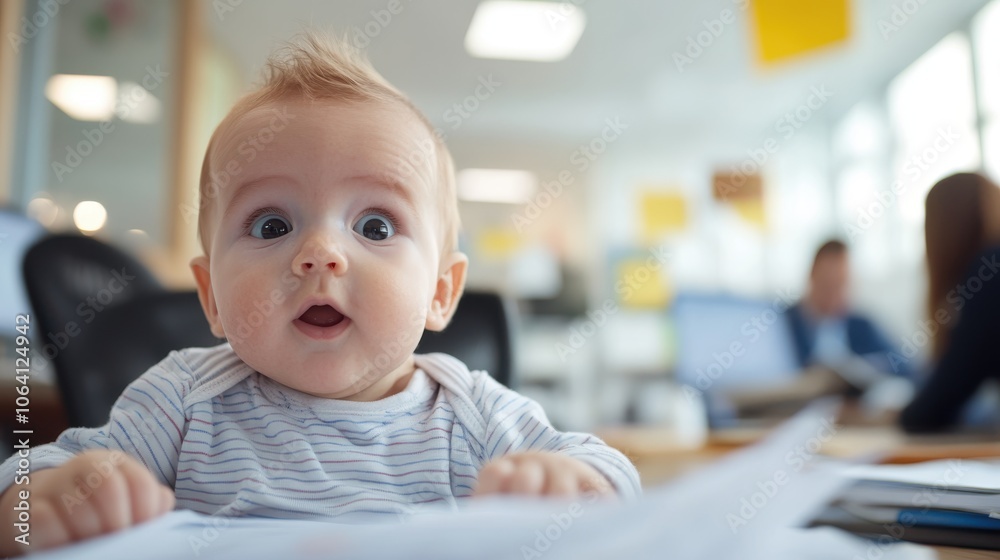 A baby in a striped shirt, looking surprised as they sit in an office environment, captivating viewers with their expressive wide eyes and delightful charm. A baby in a striped shirt, looking surprised as they sit in an office environment, captivating viewers with their expressive wide eyes and delightful charm.