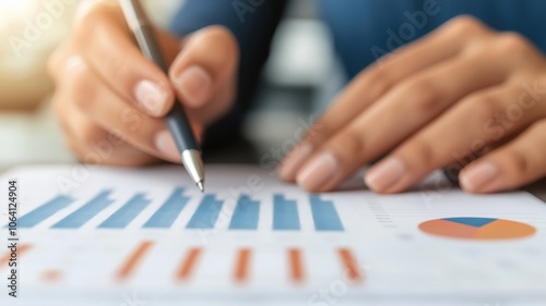 A close-up of a hand holding a pen, analyzing financial data represented in colorful graphs and charts on a document.