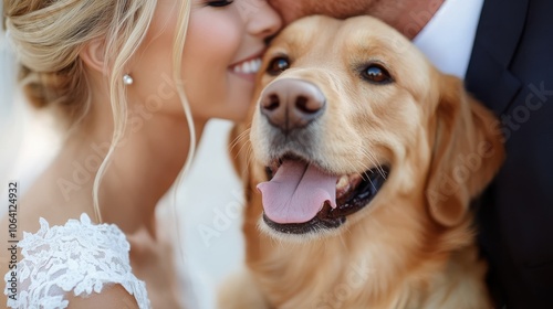 The bride and groom joyfully embrace their golden retriever, displaying a moment of pure happiness and connection with their energetic and beloved pet companion.