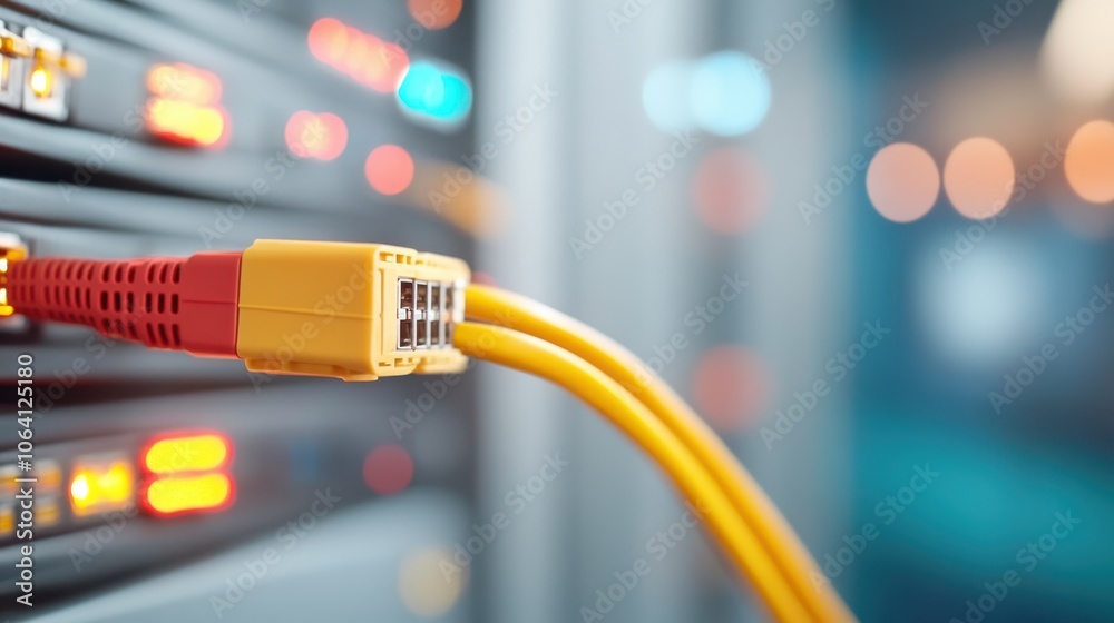 An image displaying red and yellow network cables connected to servers in a data center, highlighting the vibrant colors and modern technology in a structured environment.