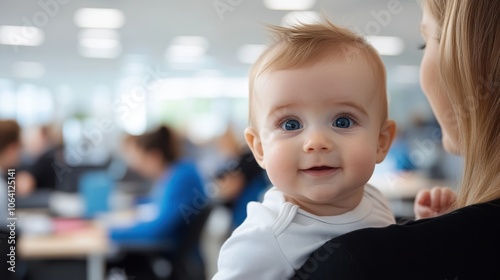 A baby with a curious expression is being held by an adult, gazing behind them in a bright office space packed with people diligently working at desks.