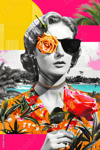 Beautiful Woman, Greek Statue Style, in Tropical Pop Art Collage Ideal for Summer and Travel Themes