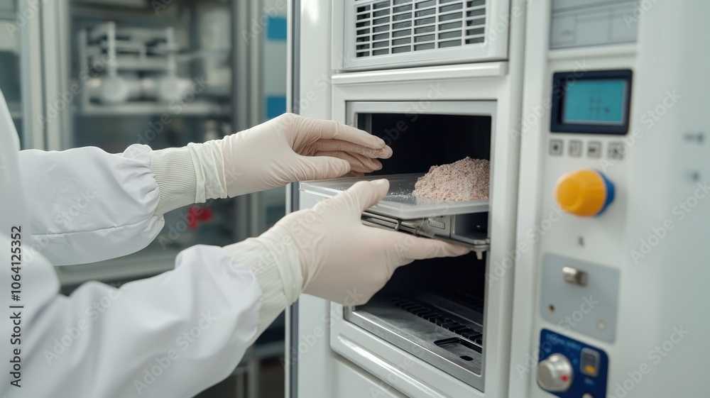 custom made wallpaper toronto digitalA person in a lab coat wearing gloves is placing a food container into an industrial oven or heating unit.