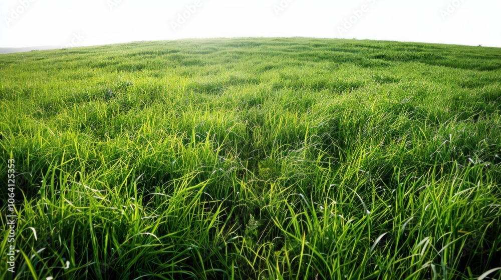 Green grassland, isolated on white, with dew drops on the blades. A fresh and calming nature scene