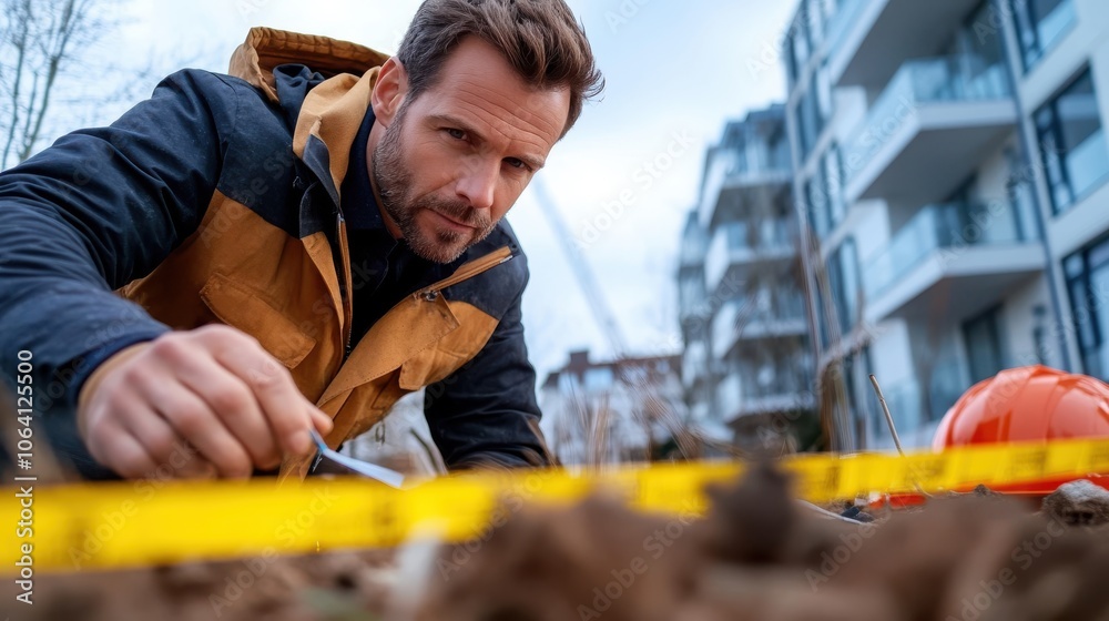 An architect in a mixed brown and black outfit closely inspects a site while leaning over a measuring tape, emphasizing precision and dedication in architecture. An architect in a mixed brown and black outfit closely inspects a site while leaning over a measuring tape, emphasizing precision and dedication in architecture.