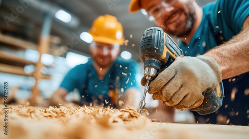 Two workers, wearing safety helmets, drill through wood generating sawdust. The image captures synergy and dynamic teamwork in a vibrant workshop environment. photo