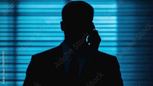 A shadowy figure in a suit is seen talking on the phone, set against a backdrop of blue light and blinds.