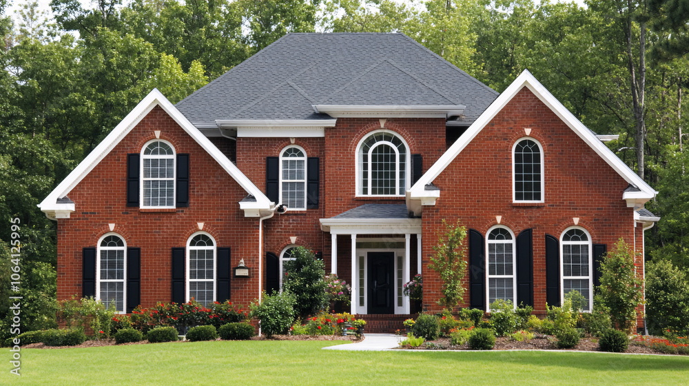 red brick suburban home with green grass lawn and trees red brick suburban home with green grass lawn and trees