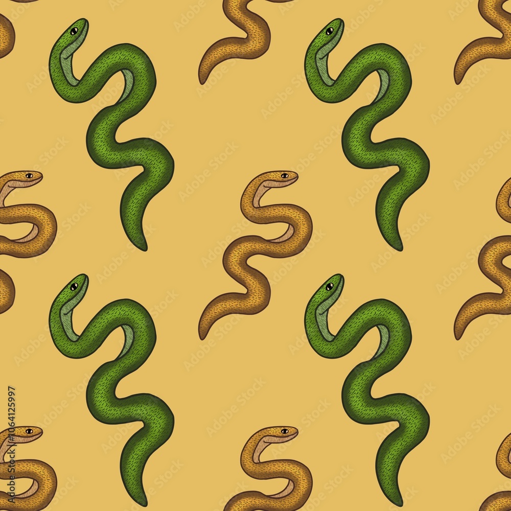 Green and Orange Snakes with Yellow Background Seamless Pattern Design Green and Orange Snakes with Yellow Background Seamless Pattern Design