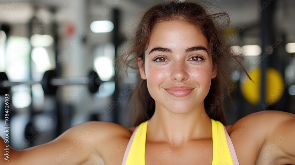 A youthful woman with a confident smile in a yellow tank top stands in a gym setting. Her expression exudes positivity and self-assurance, ideal for inspiration. A youthful woman with a confident smile in a yellow tank top stands in a gym setting. Her expression exudes positivity and self-assurance, ideal for inspiration.