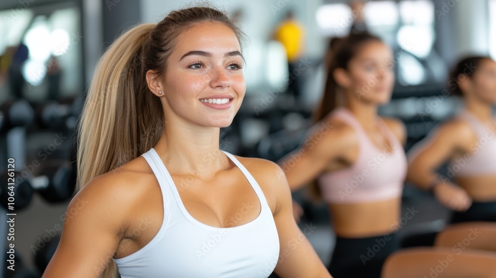 A happy young woman stands confidently in a white top, participating in a lively group exercise class. Her demeanor reflects excitement and a love for fitness. A happy young woman stands confidently in a white top, participating in a lively group exercise class. Her demeanor reflects excitement and a love for fitness.
