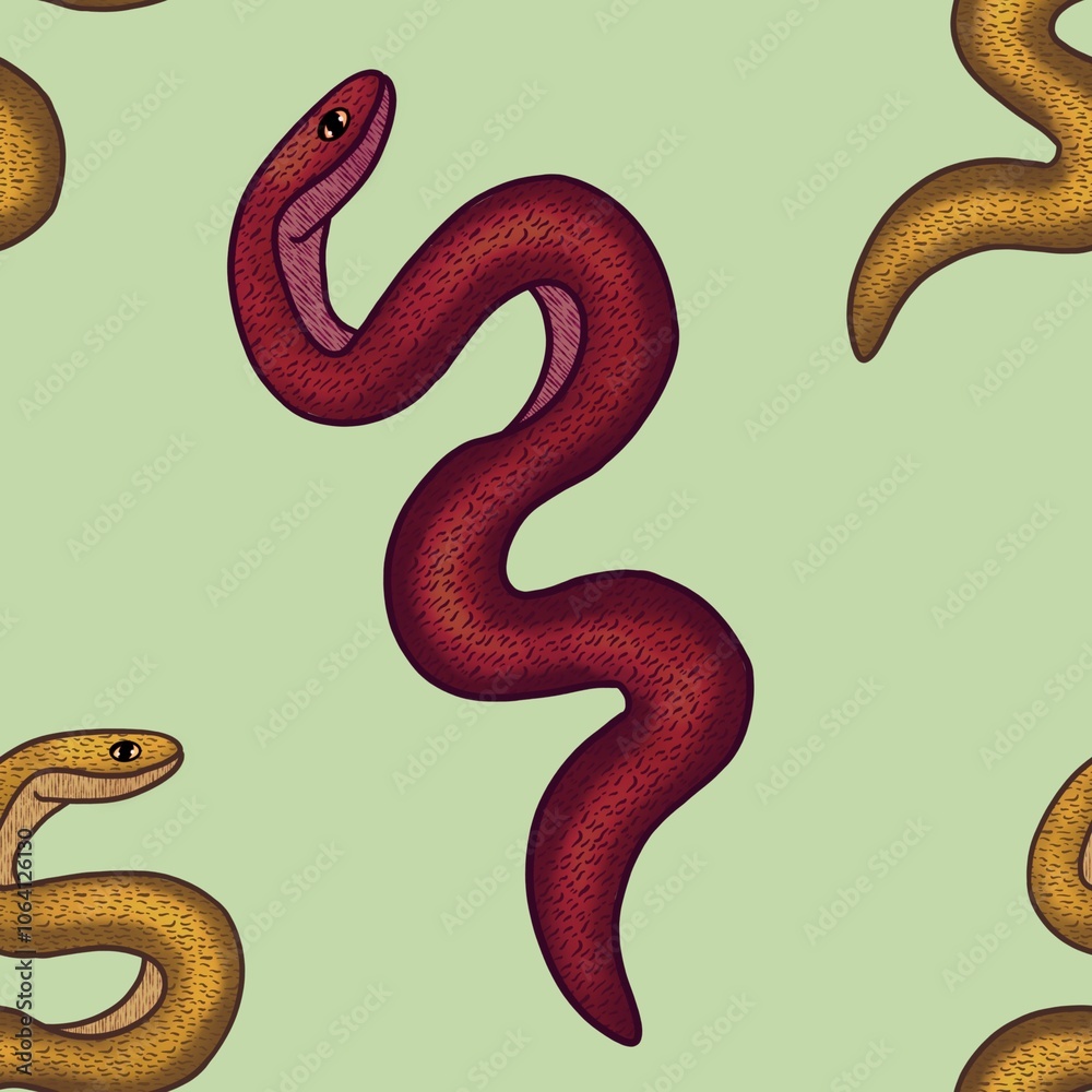 Big Red and Yellow Snake with Green Background Seamless Pattern Design Big Red and Yellow Snake with Green Background Seamless Pattern Design