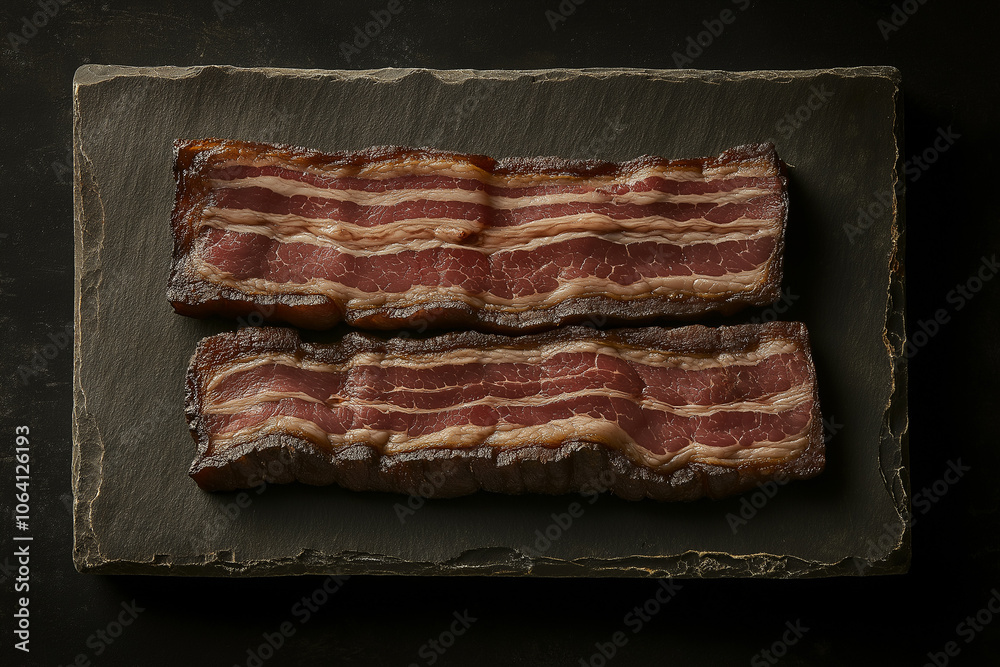 Crisp and savory bacon strips on a sleek black slate platter in a minimalist culinary presentation. Generative AI Crisp and savory bacon strips on a sleek black slate platter in a minimalist culinary presentation. Generative AI